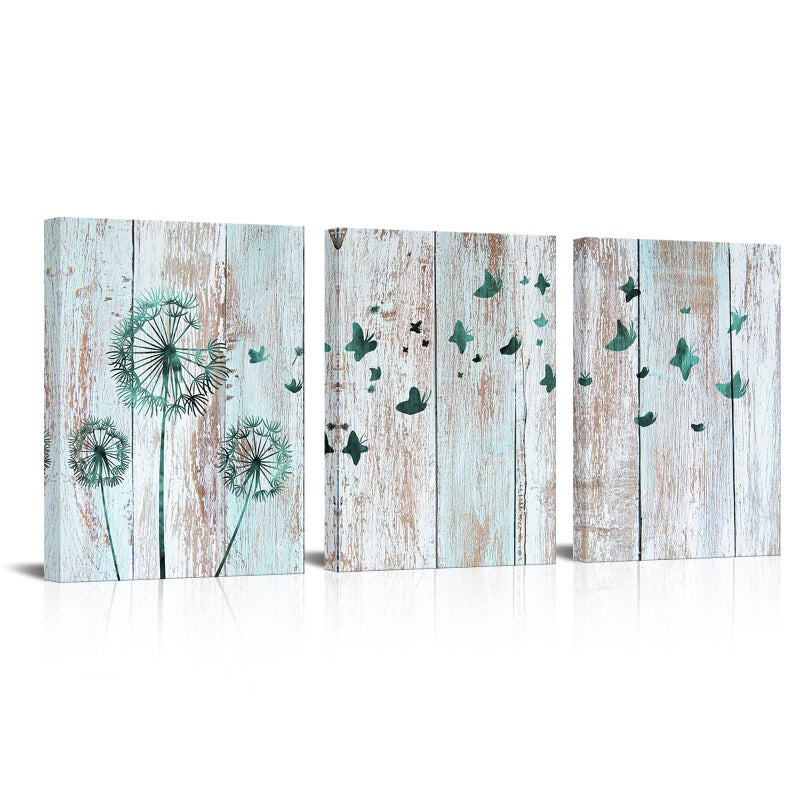 Visual Art Decor Rustic Teal Dandelion Butterflies Canvas Wall Art Prints Rustic Teal Home Bedroom Office Wall Decoration Framed Ready to Hang 12inx16inx3Pieces - Image 1